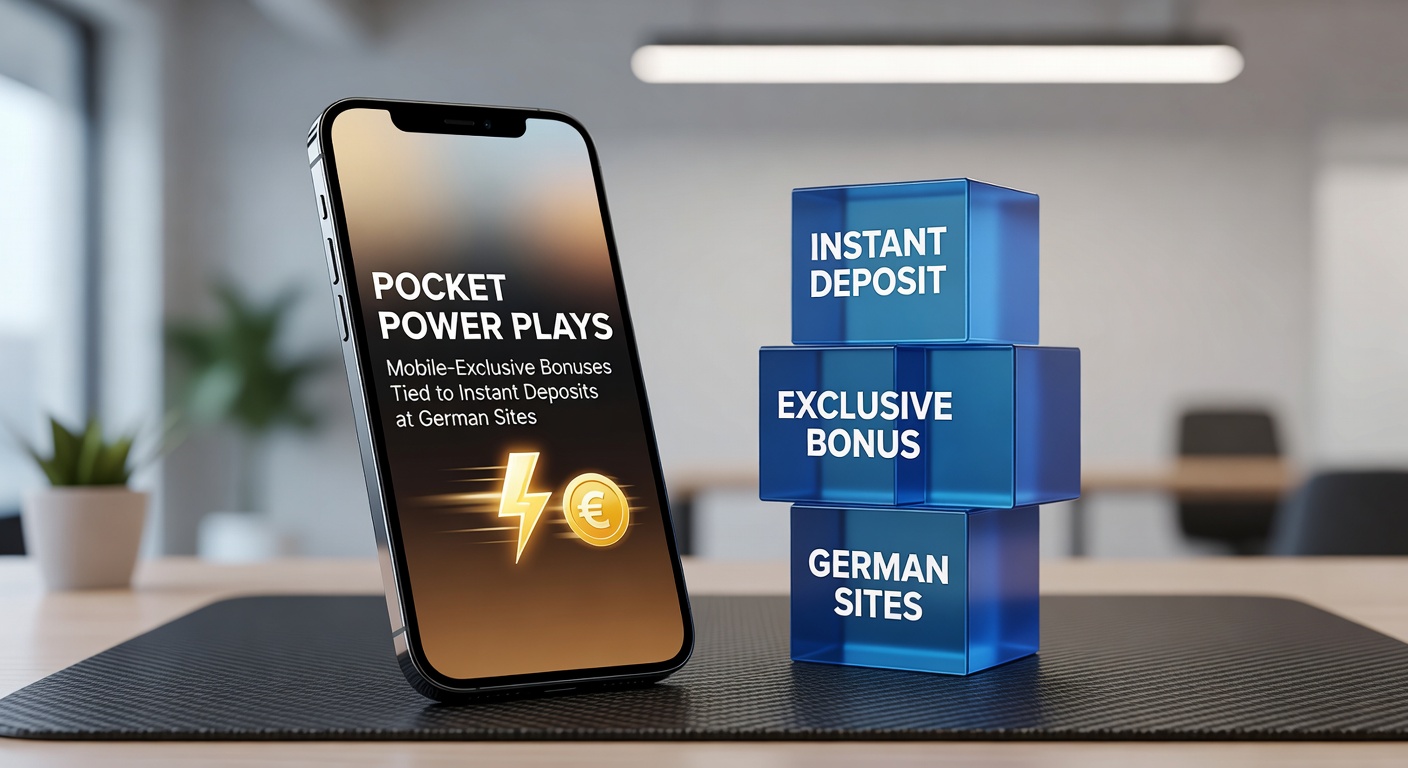 Smartphone mit Casino-App und Blitz-Symbol für Sofort-Einzahlungen, umgeben von Bonus-Icons auf einem deutschen Online-Casino-Hintergrund