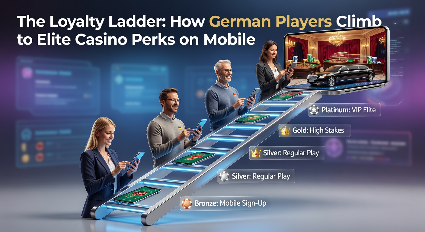 Grafik einer steigenden Leiter mit Casino-Symbolen und mobilen Geräten, die die Aufstiegsstufen in Loyalty-Programmen darstellt