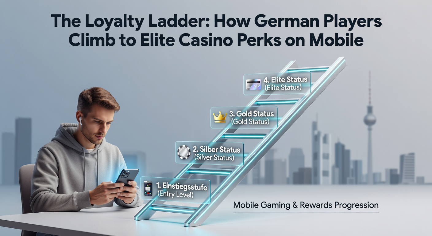 Mobile-Screenshot einer Loyalty-Leiter-App mit Fortschrittsbalken, VIP-Stufen und Perk-Icons für deutsche Casino-Spieler